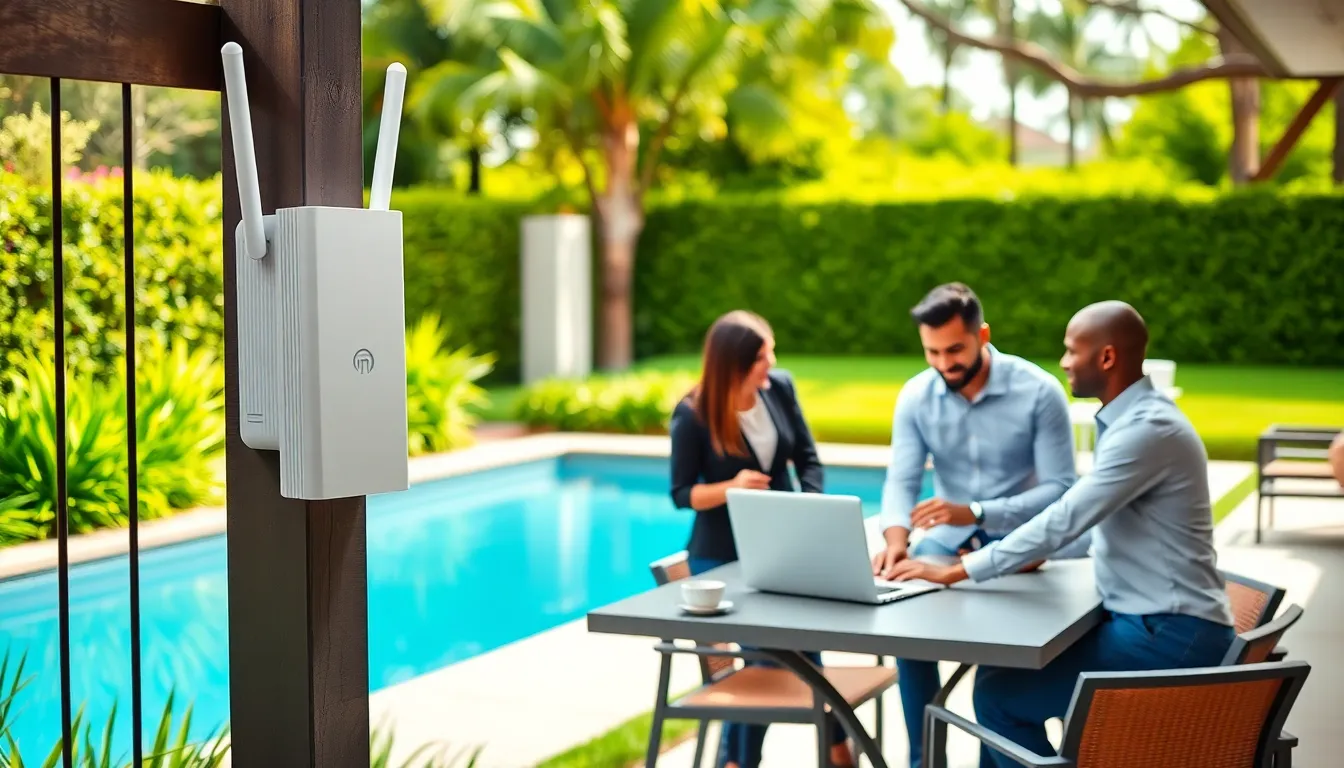 professionals using a laptop outdoors with a WiFi extender nearby.