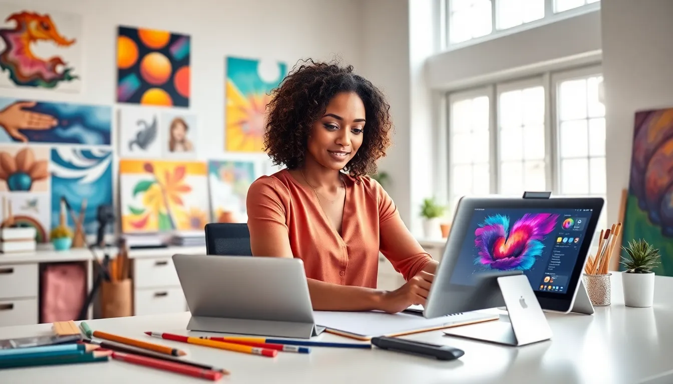 diverse artist working on digital art in a modern studio.