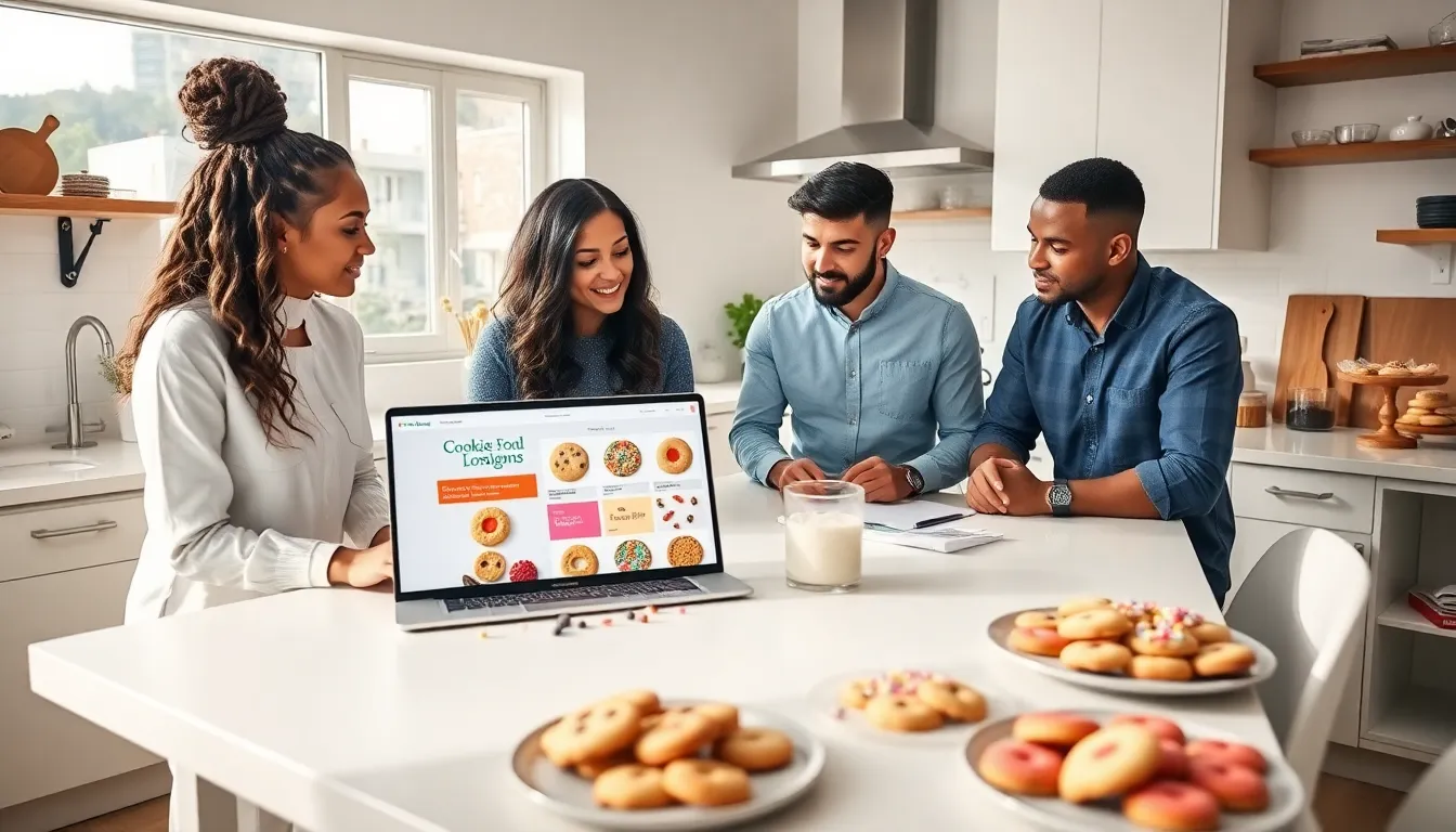 diverse team discussing cookie designs in a modern kitchen.