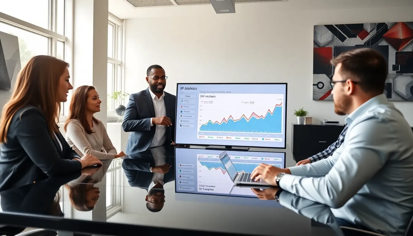 professionals discussing digital network analytics in a modern office.