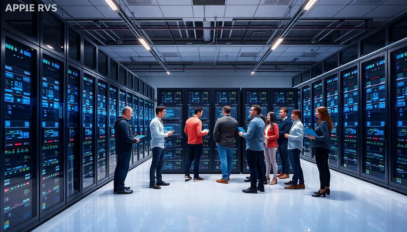professionals collaborating in a modern data center with virtual servers.