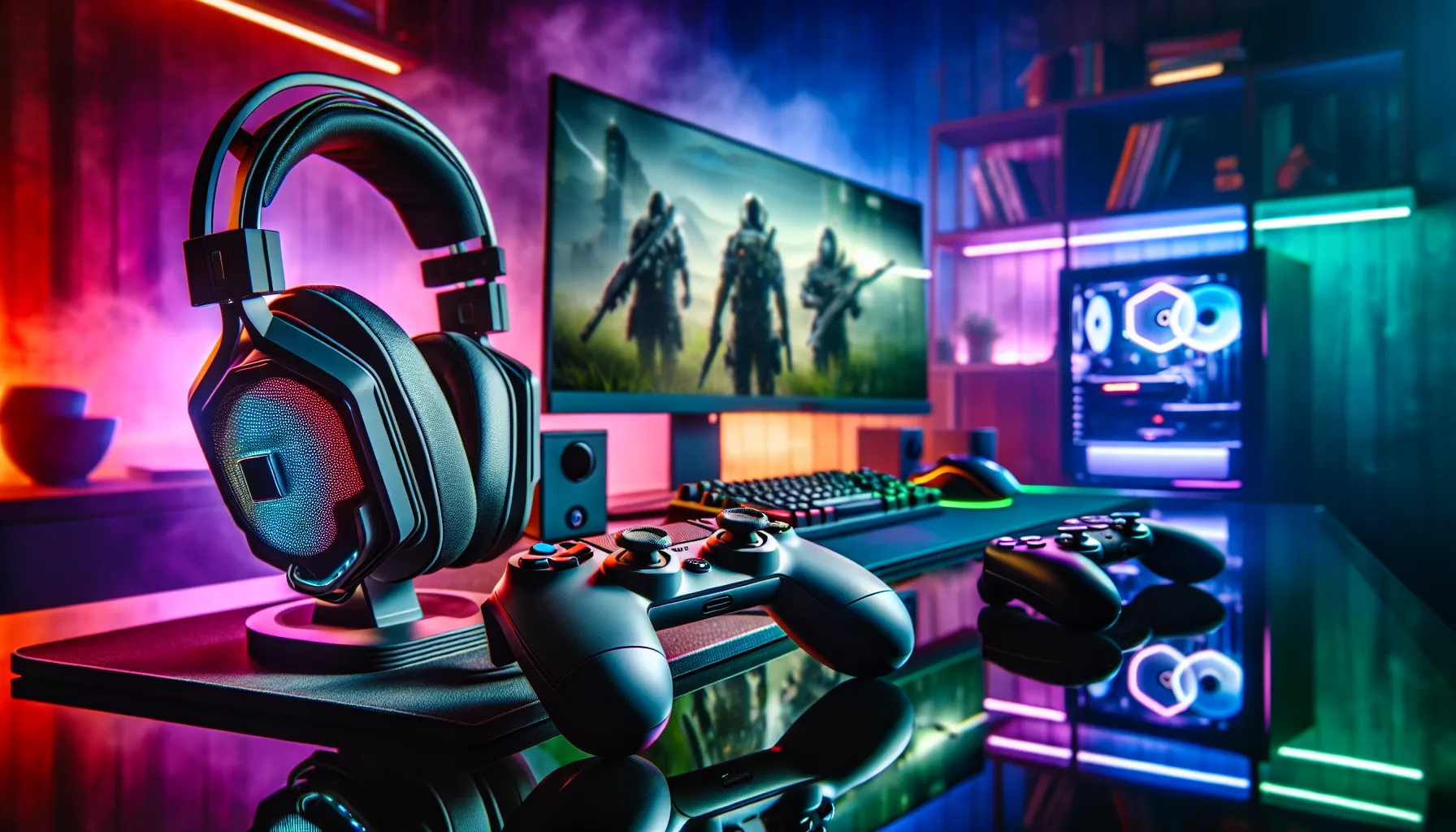 modern gaming setup with headsets and an ergonomic controller.