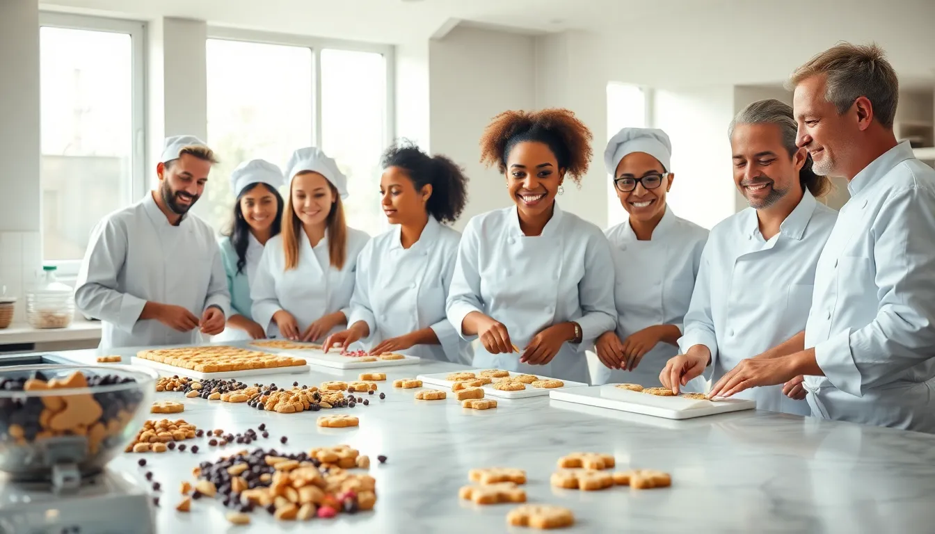 diverse bakers creating cookies in a bright kitchen.