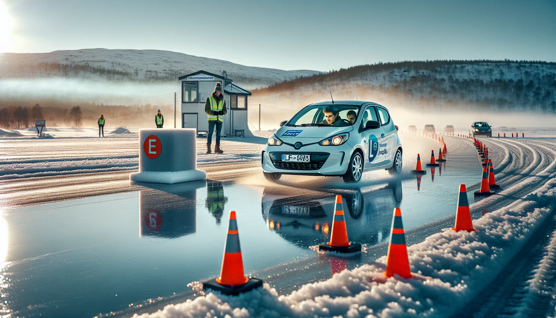 Learner car skids on an icy Norwegian training track past cones and instructor.