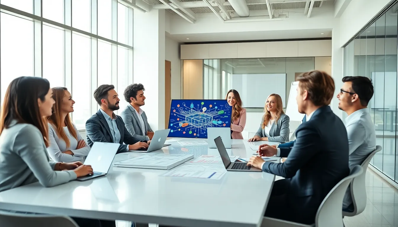 diverse professionals discussing blockchain technology in a modern office.