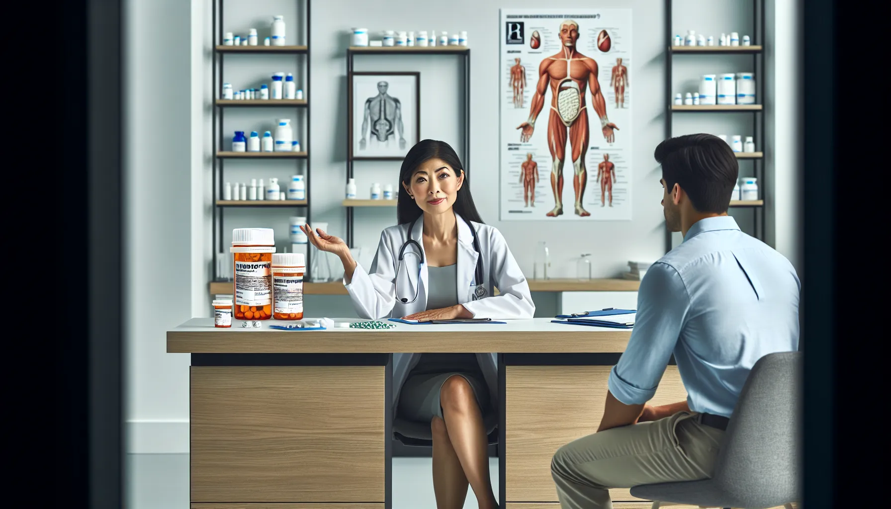 A doctor discusses medication risks with a patient in a medical office.