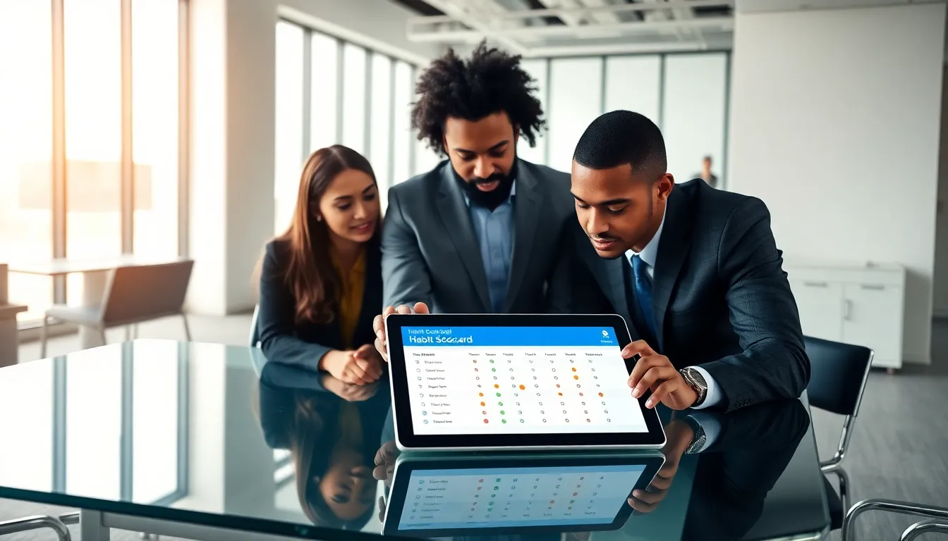 professionals reviewing a habit scorecard in a modern office.