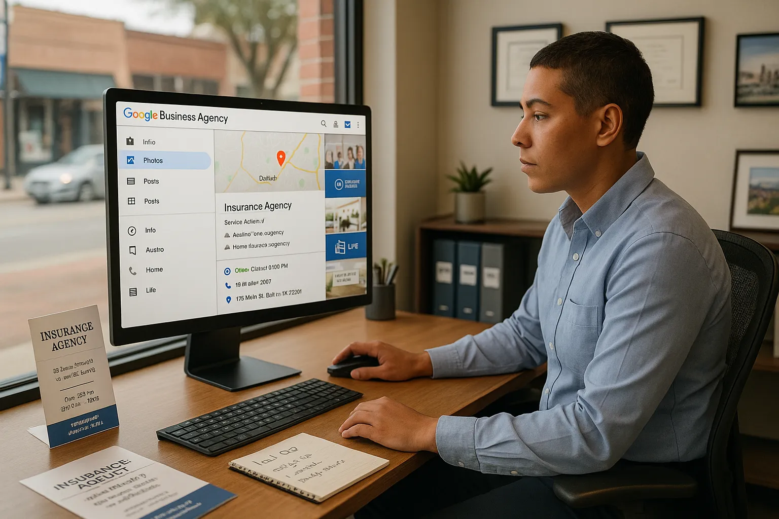 Insurance agent in a small U.S. office optimizing a Google Business Profile on screen.