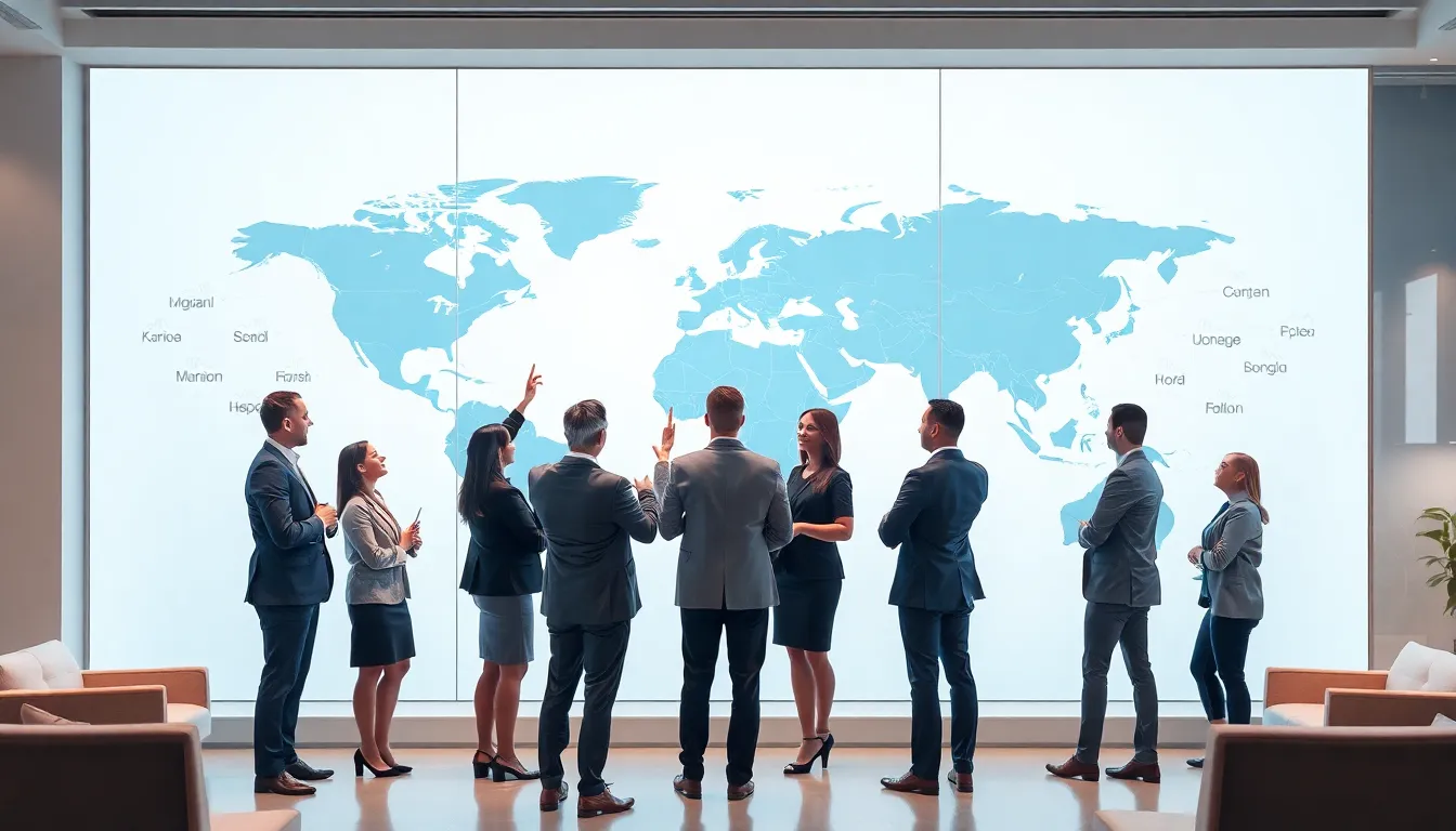 Professionals around a digital world map showcasing multilingual video translation.