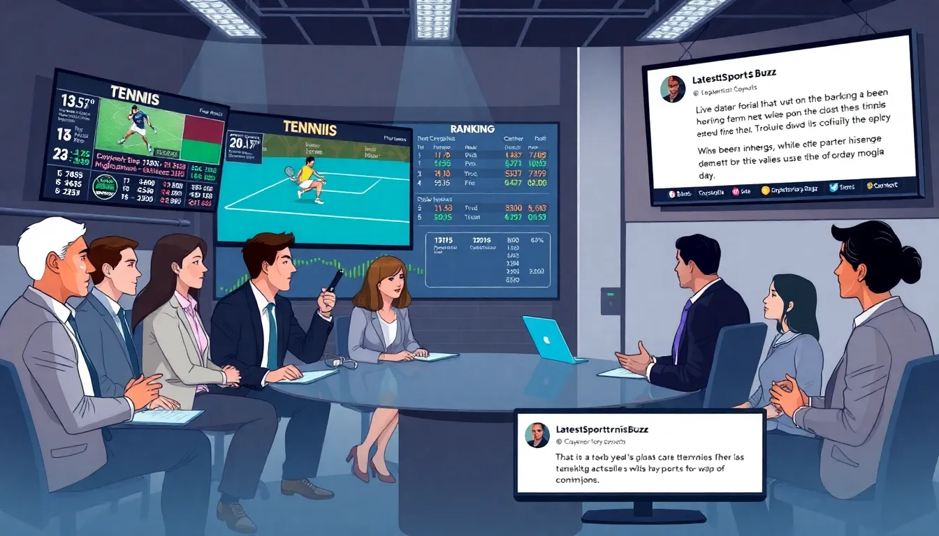 diverse sports journalists collaborating in a modern newsroom.