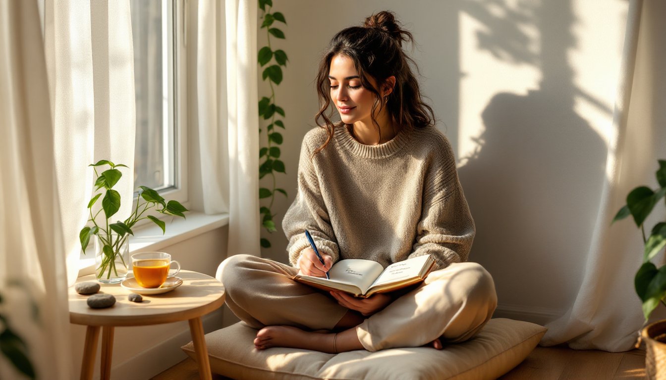 Woman journaling calmly by a sunlit window with herbal tea nearby.