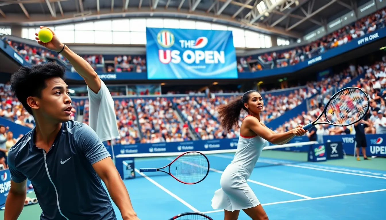 tennis players in action during a lively tournament atmosphere.