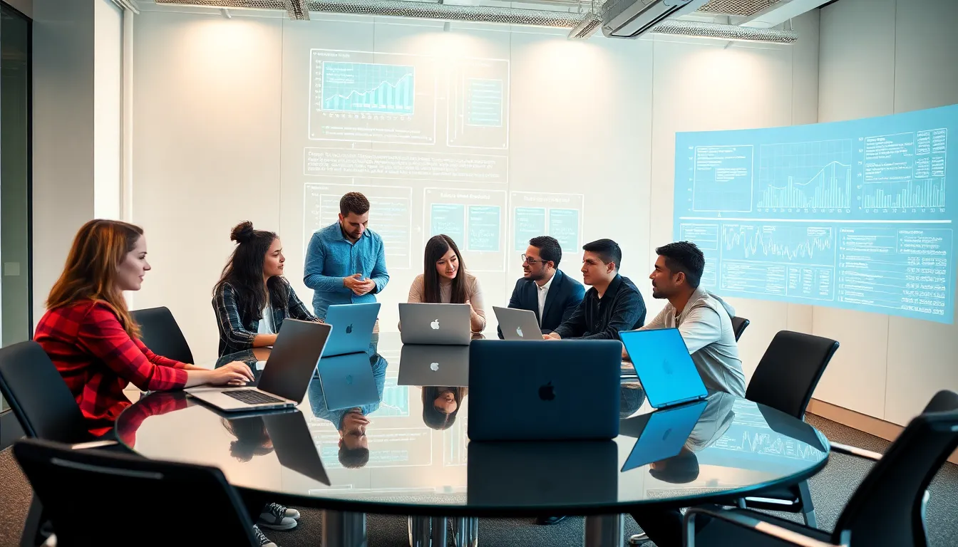diverse team discussing technology in a modern office.