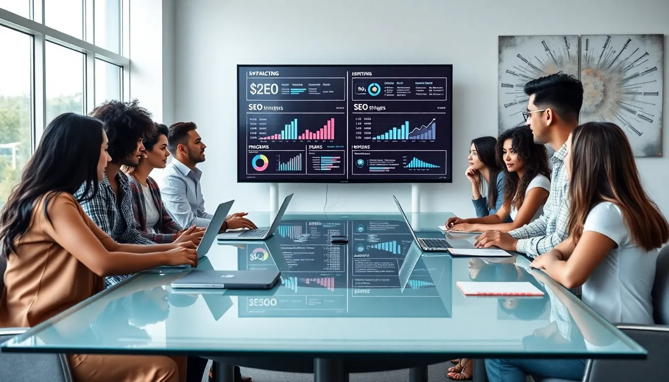 diverse professionals collaborating on digital marketing strategies in a modern office.