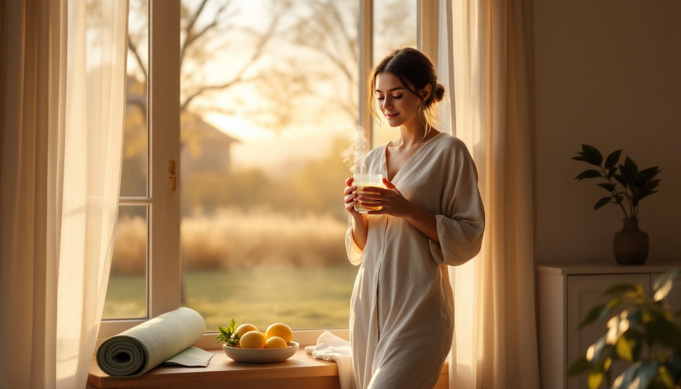 A woman drinking warm lemon water by a sunlit window at sunrise.