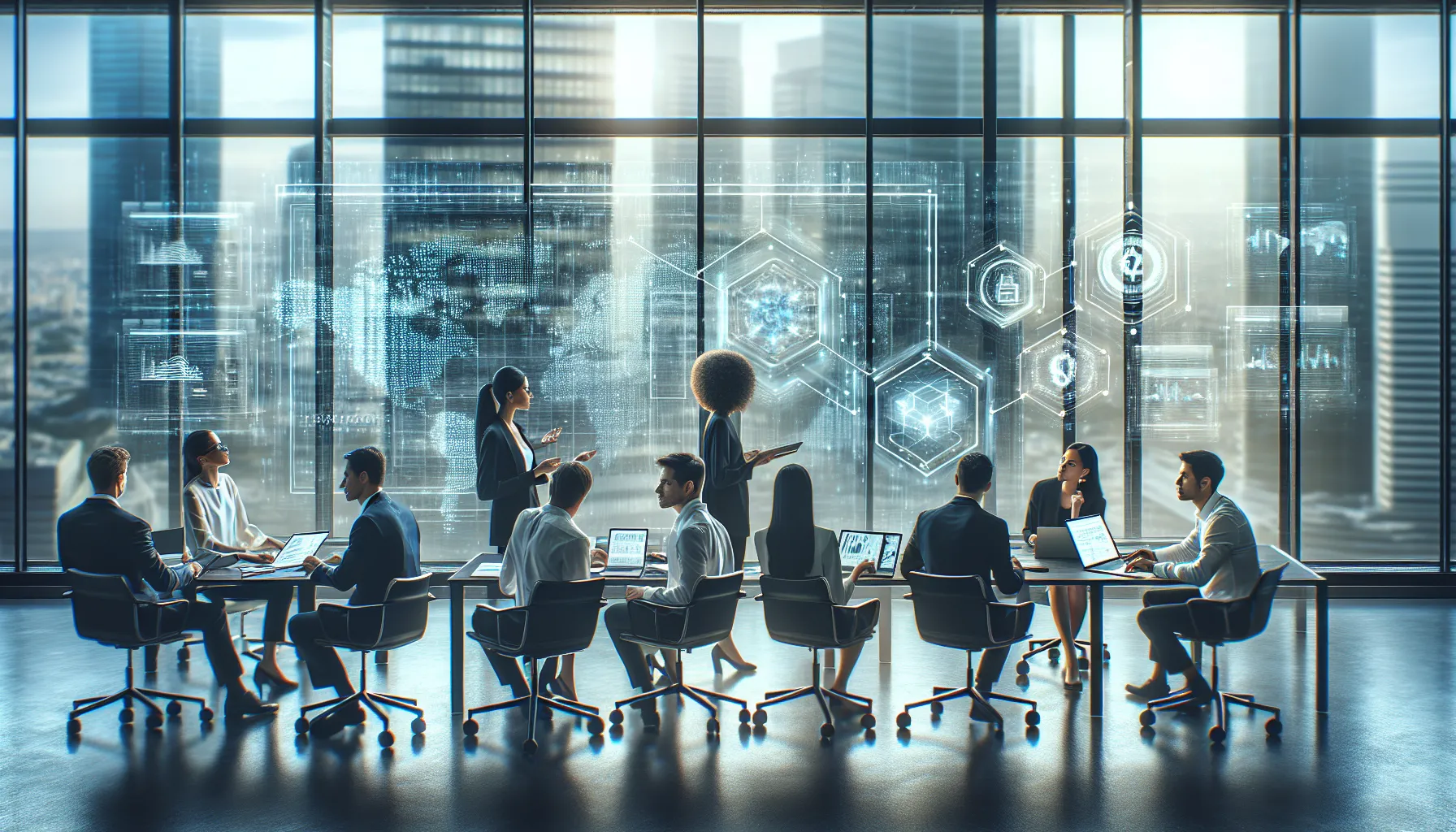 diverse team discussing data analytics in a modern office.