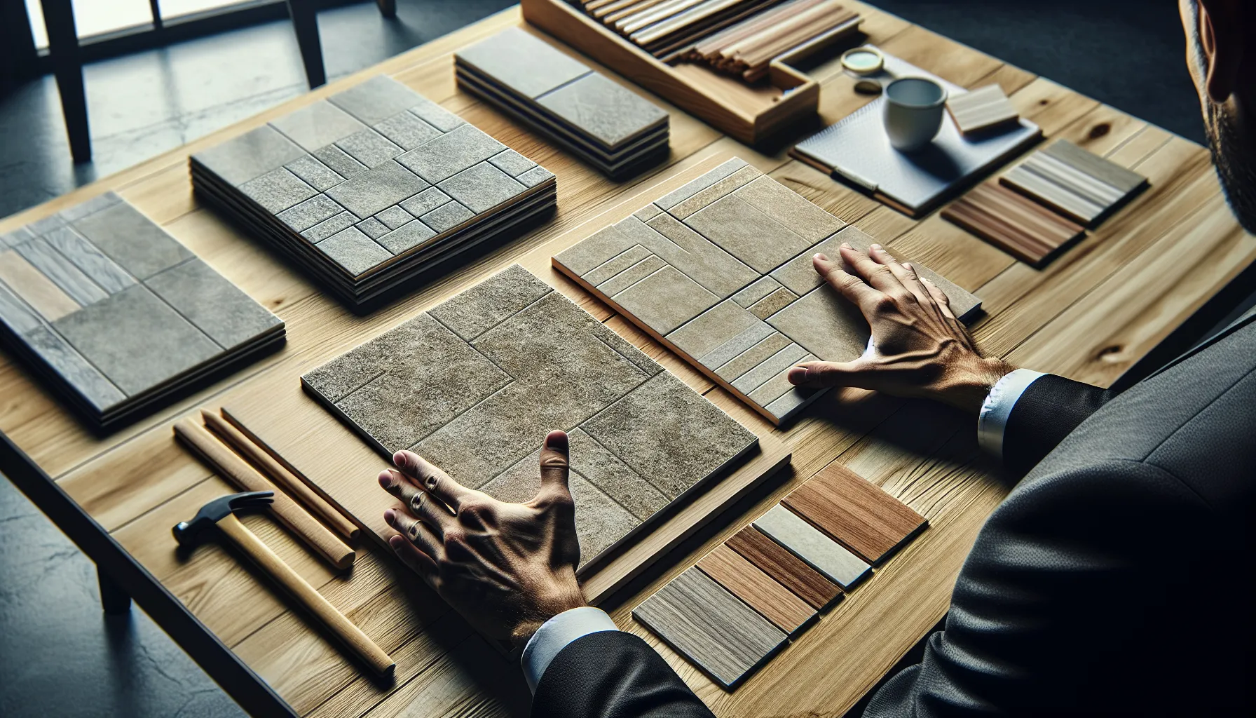 Contrasting porcelain and ceramic tiles displayed in a workshop setting.