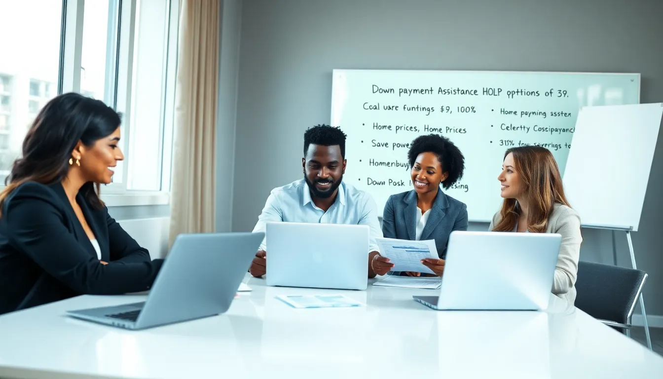 diverse team discussing down payment assistance programs in a modern office.