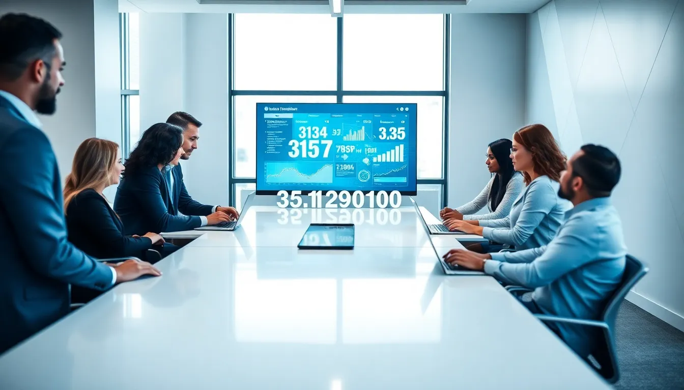 professionals collaborating over data in a modern office.