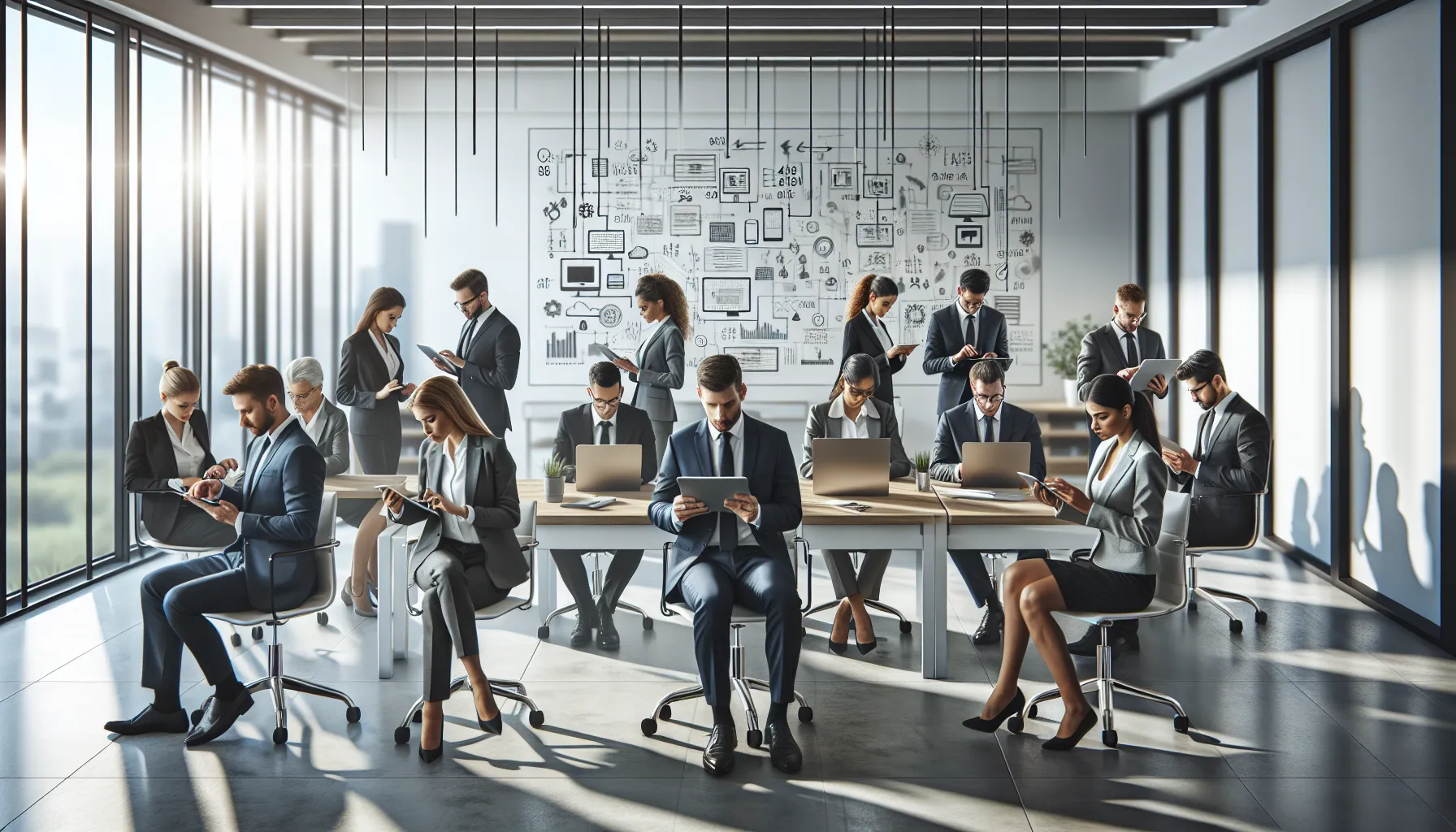 diverse professionals collaborating in a modern office about communication systems.