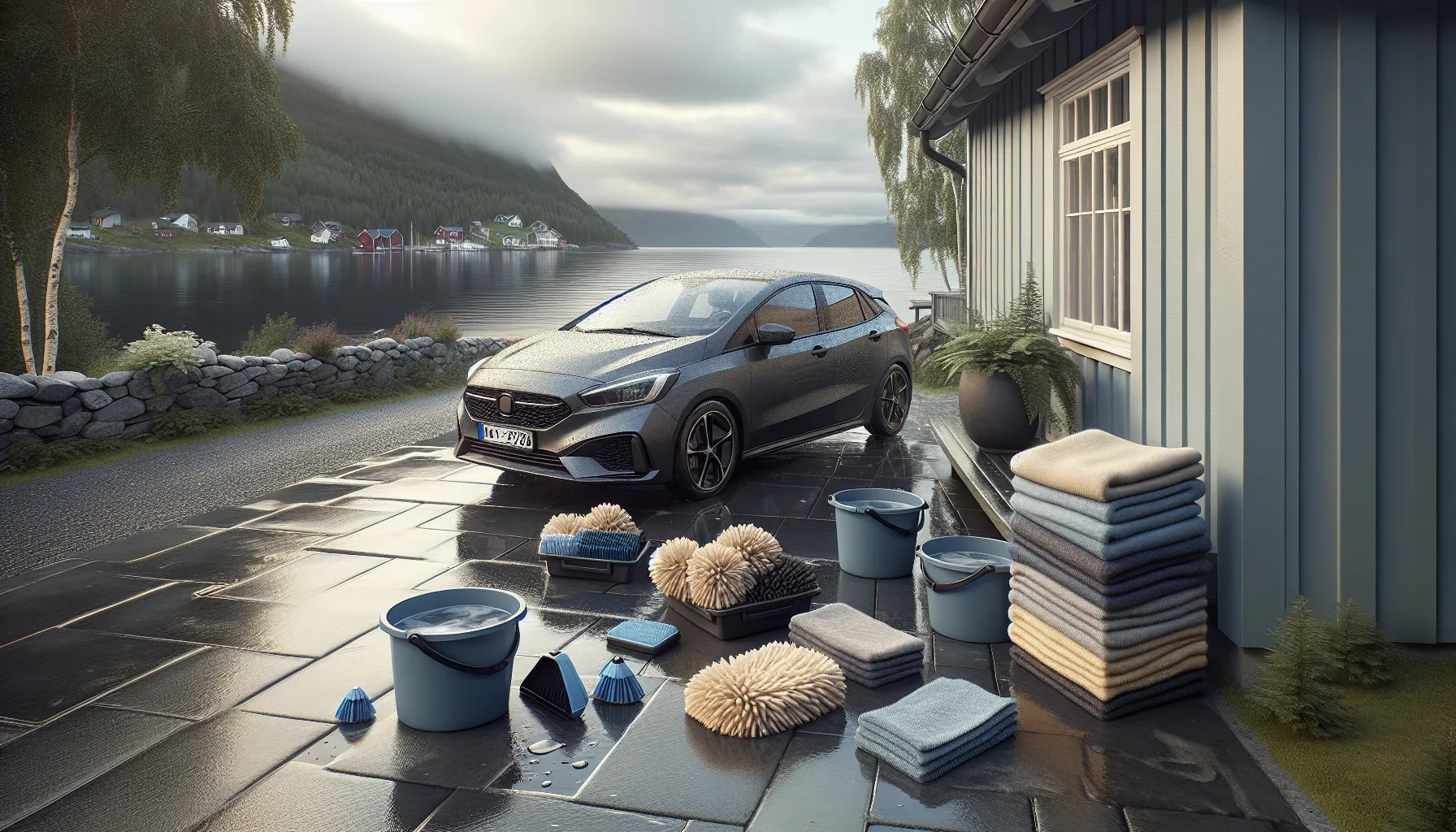 De beste produktene for bilvask hjemme 2 Essential car wash gear laid out by a car on a norwegian driveway.