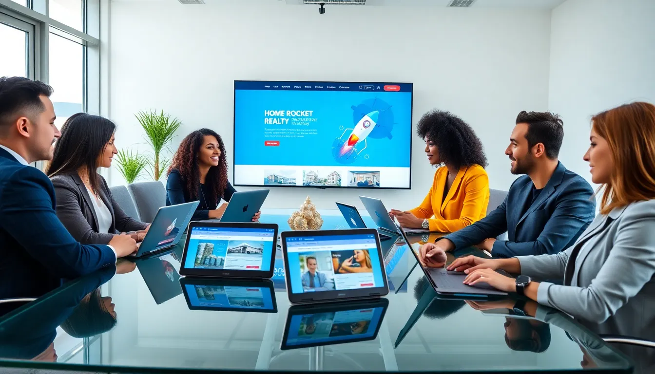 diverse team collaborating in a modern real estate office.
