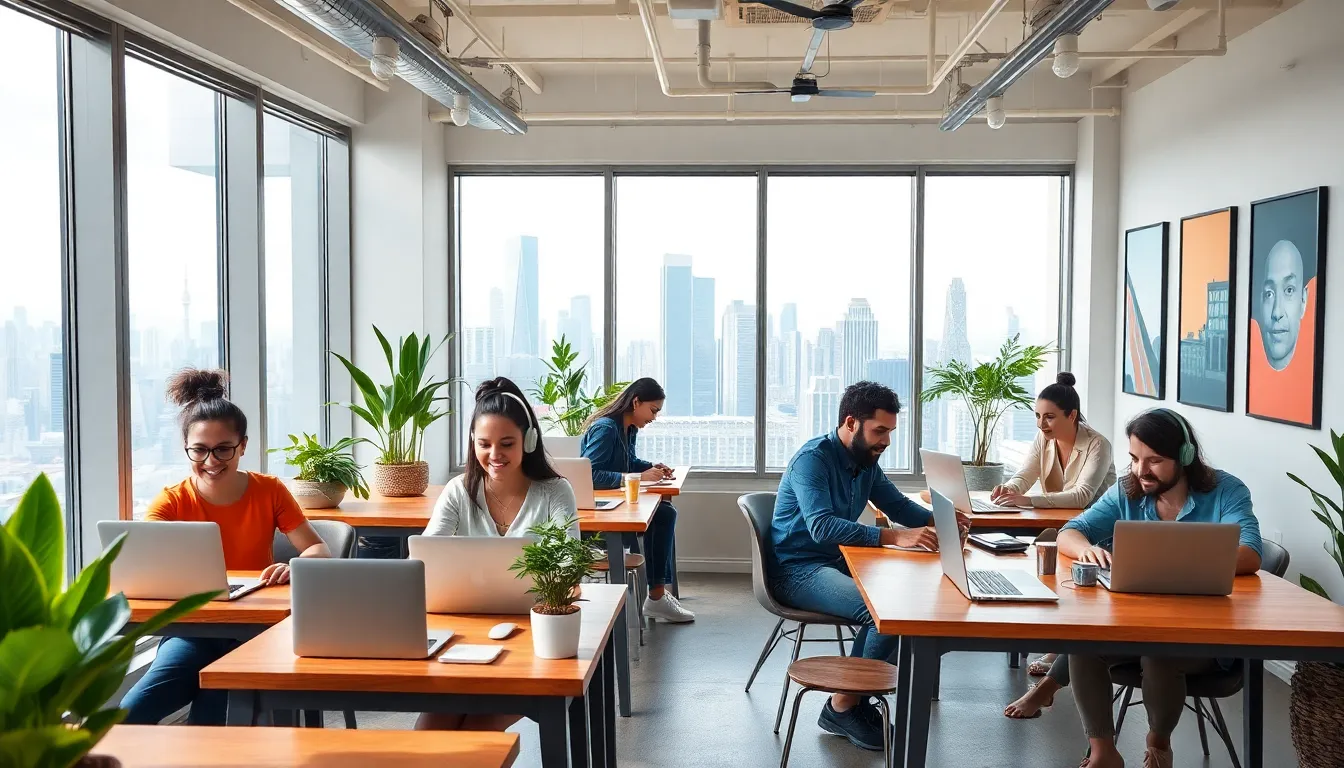 diverse digital nomads working in a stylish coworking space.