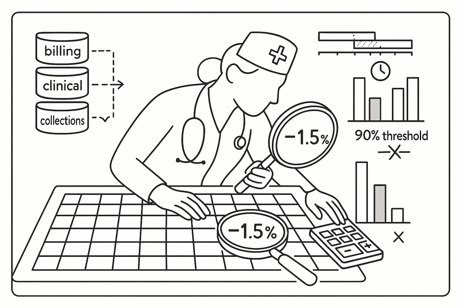 NP examining a spreadsheet with magnifying glass, calculator, and mismatched data icons.