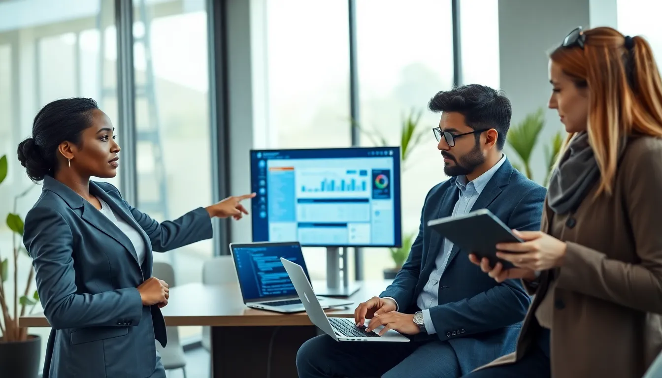 diverse IT professionals discussing legacy systems in a modern office.
