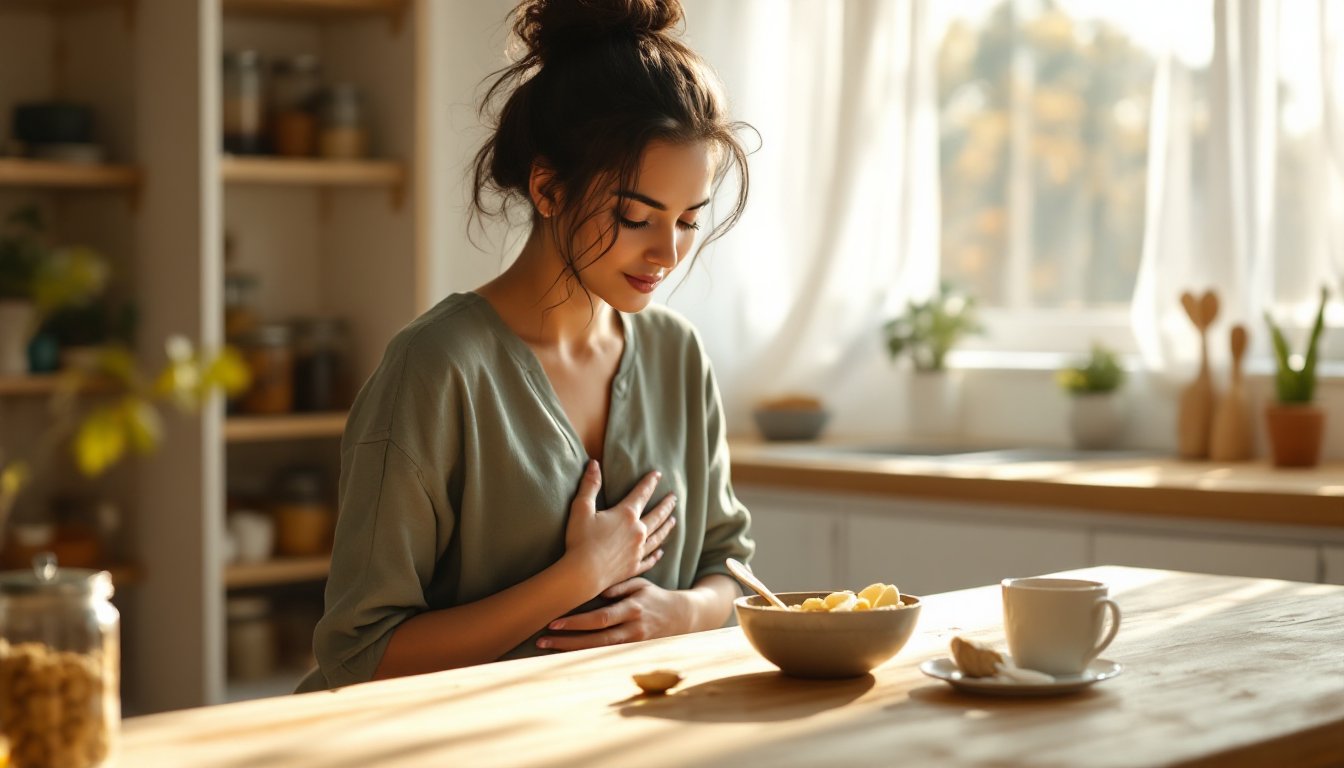 Woman mindfully checking hunger cues at a kitchen counter with her phone and a bowl of oatmeal.