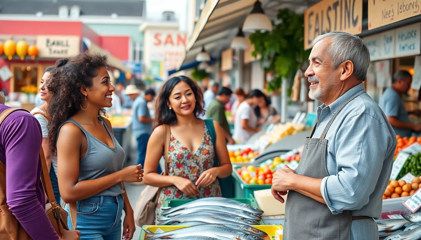 diverse visitors exploring a bustling food market with local vendors.