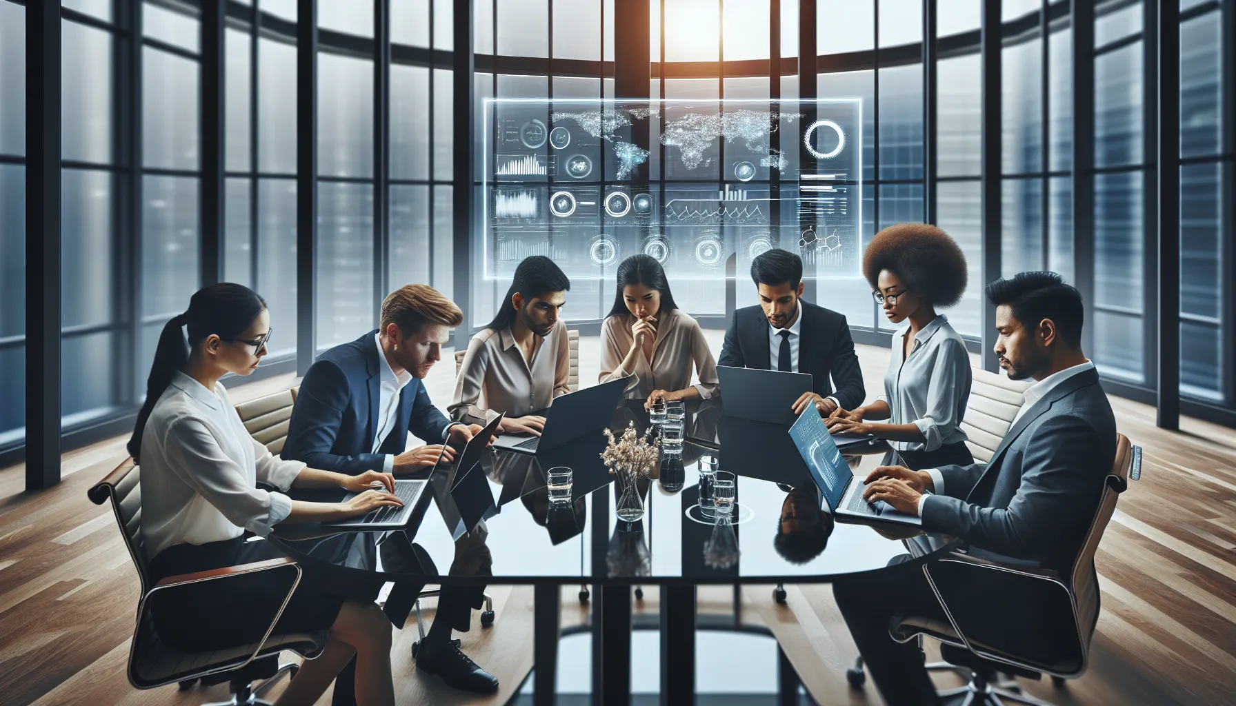 diverse team collaborating with Zuwipled-7.46Z in a modern office.