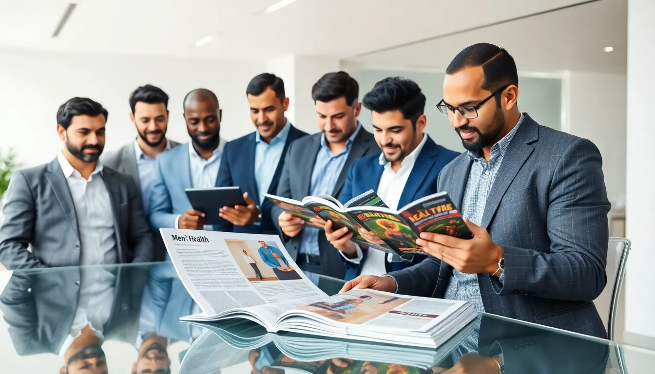 a diverse group of men engaging with health magazines in a modern office.