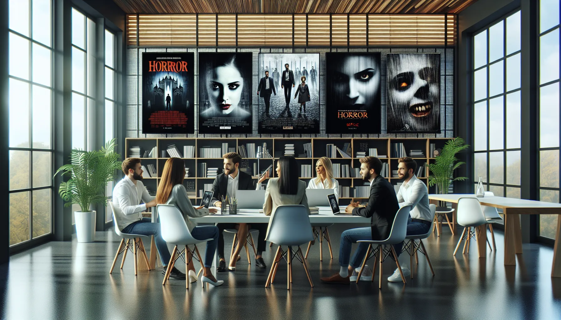 diverse team discussing Netflix horror movies in a modern office.