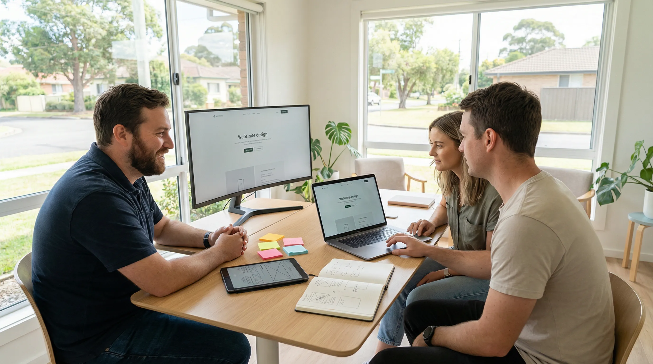Web designer collaborating with two small business clients in a bright, modern office, reviewing a clean website layout on screens with wireframe sketches and notes on the table, conveying professional, user-friendly WordPress web design and local support.