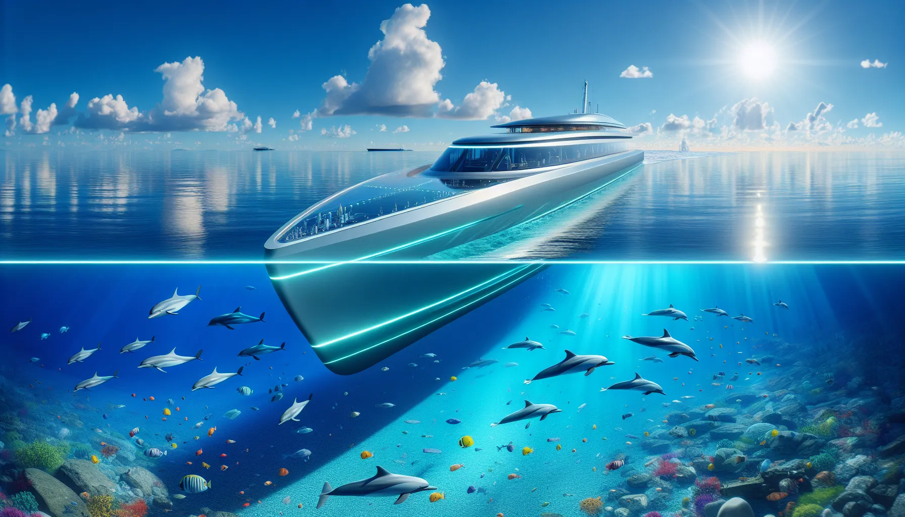 modern ship in ocean with marine life, symbolizing sustainability.