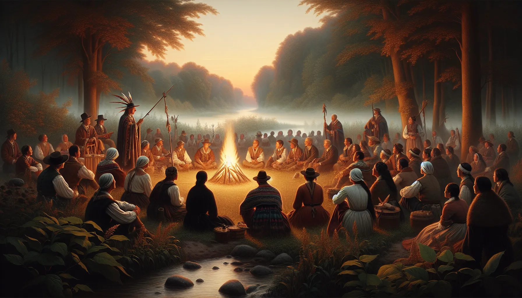 diverse group reenacting Chengzimiaoji rituals around a campfire.