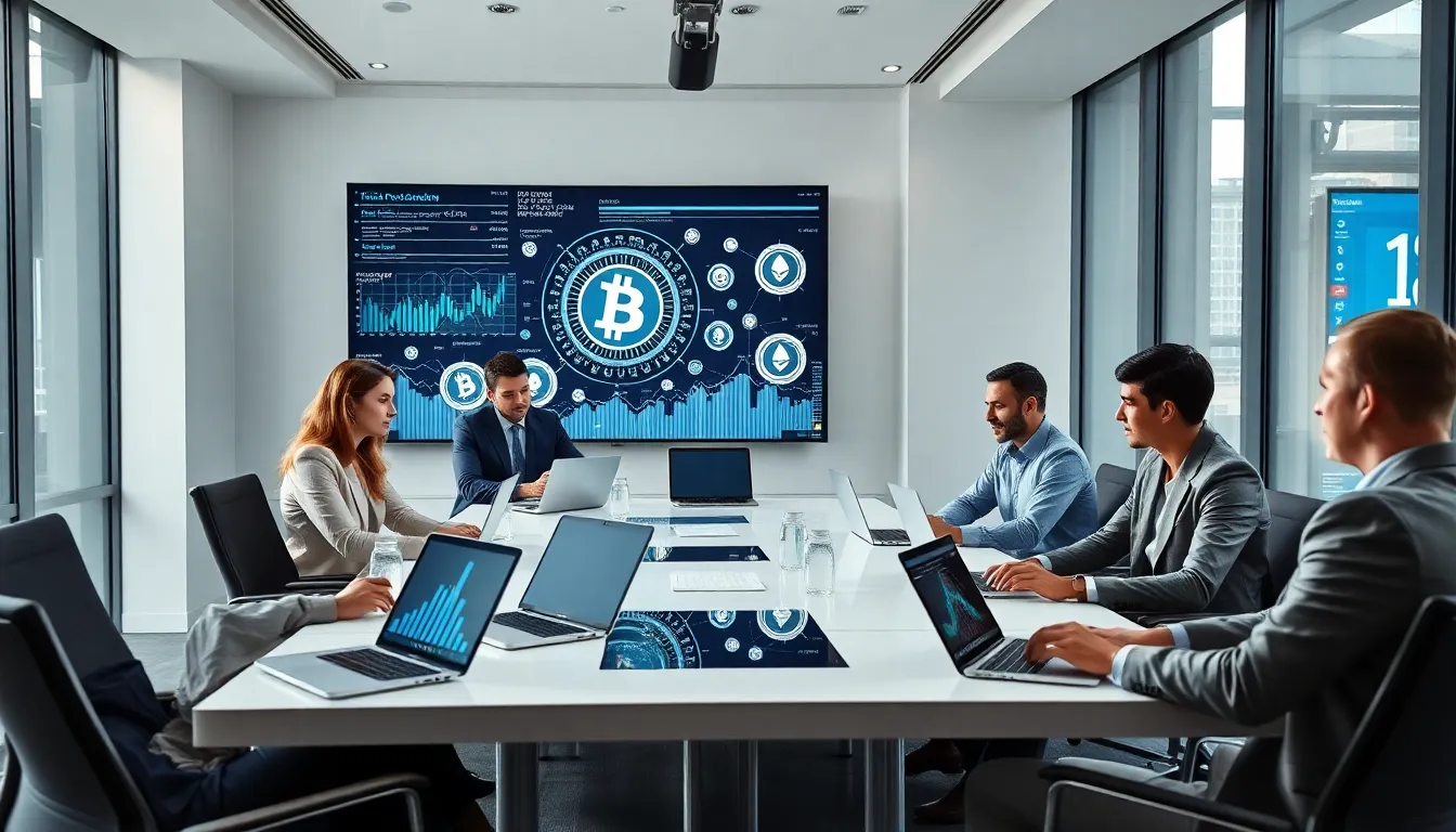 professionals discussing cryptocoins in a modern office setting.