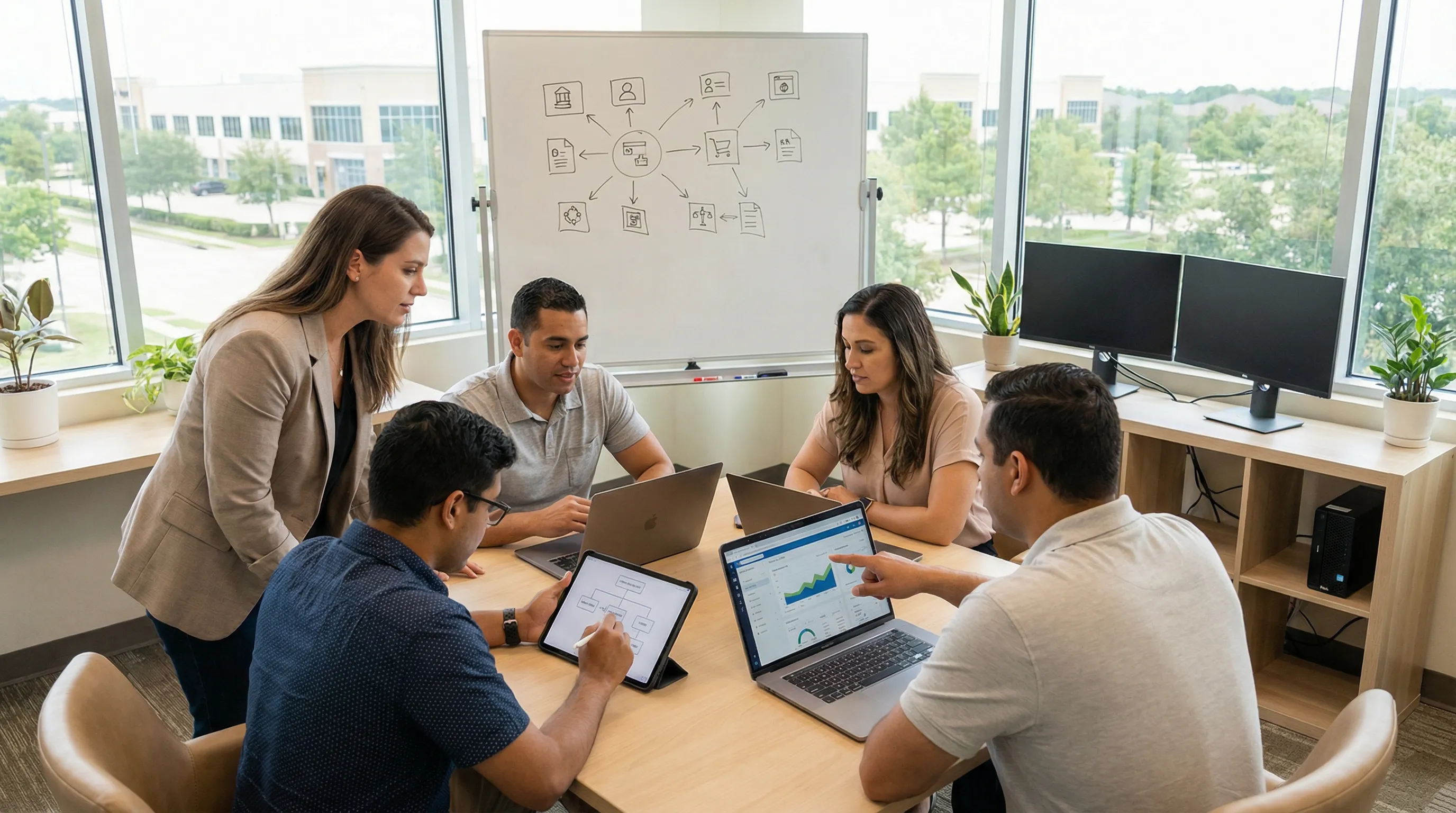Local automation consultants and a Pearland business owner collaborate in a modern, naturally lit office, reviewing laptops and a simple workflow diagram on a whiteboard to design practical, easy-to-manage AI and workflow solutions.