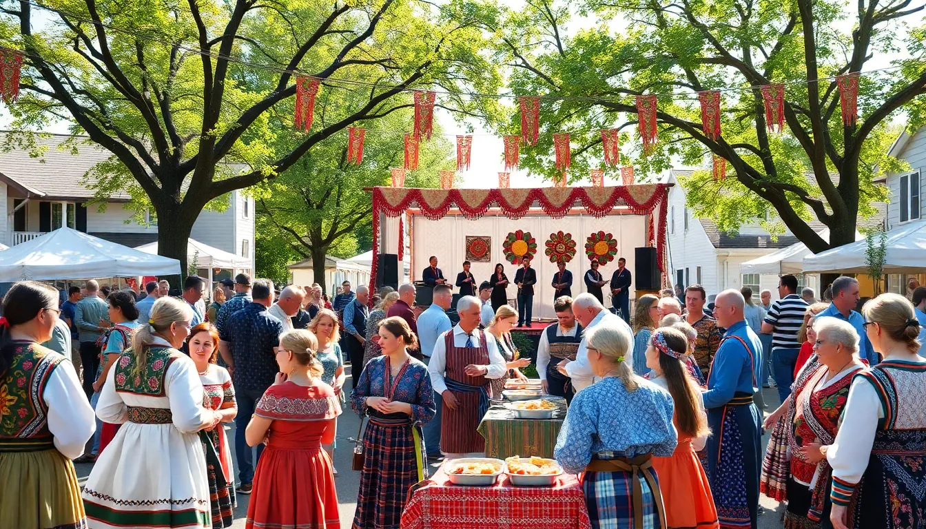 diverse group celebrating at a cultural festival in an American town.