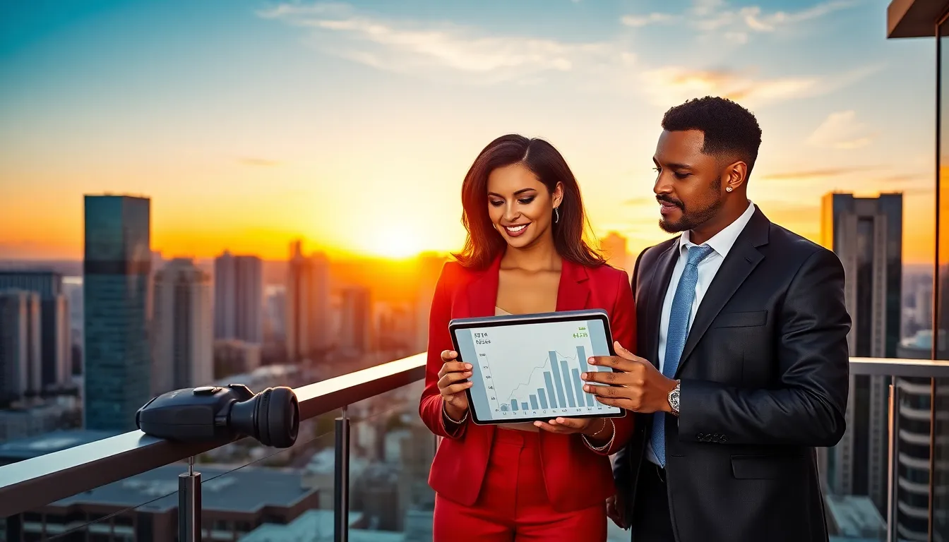 a couple discussing real estate investment on a balcony with a city view.