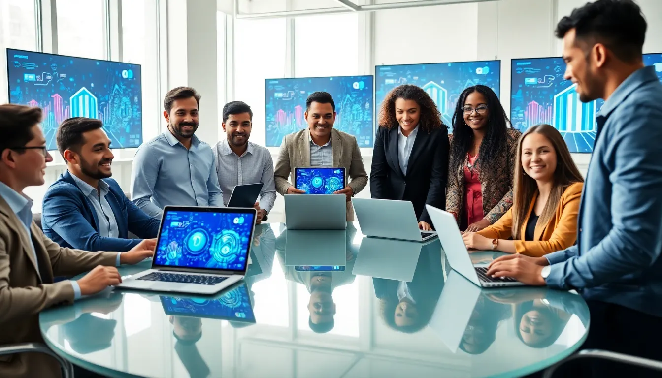 diverse professionals brainstorming fintech innovations in a modern office.