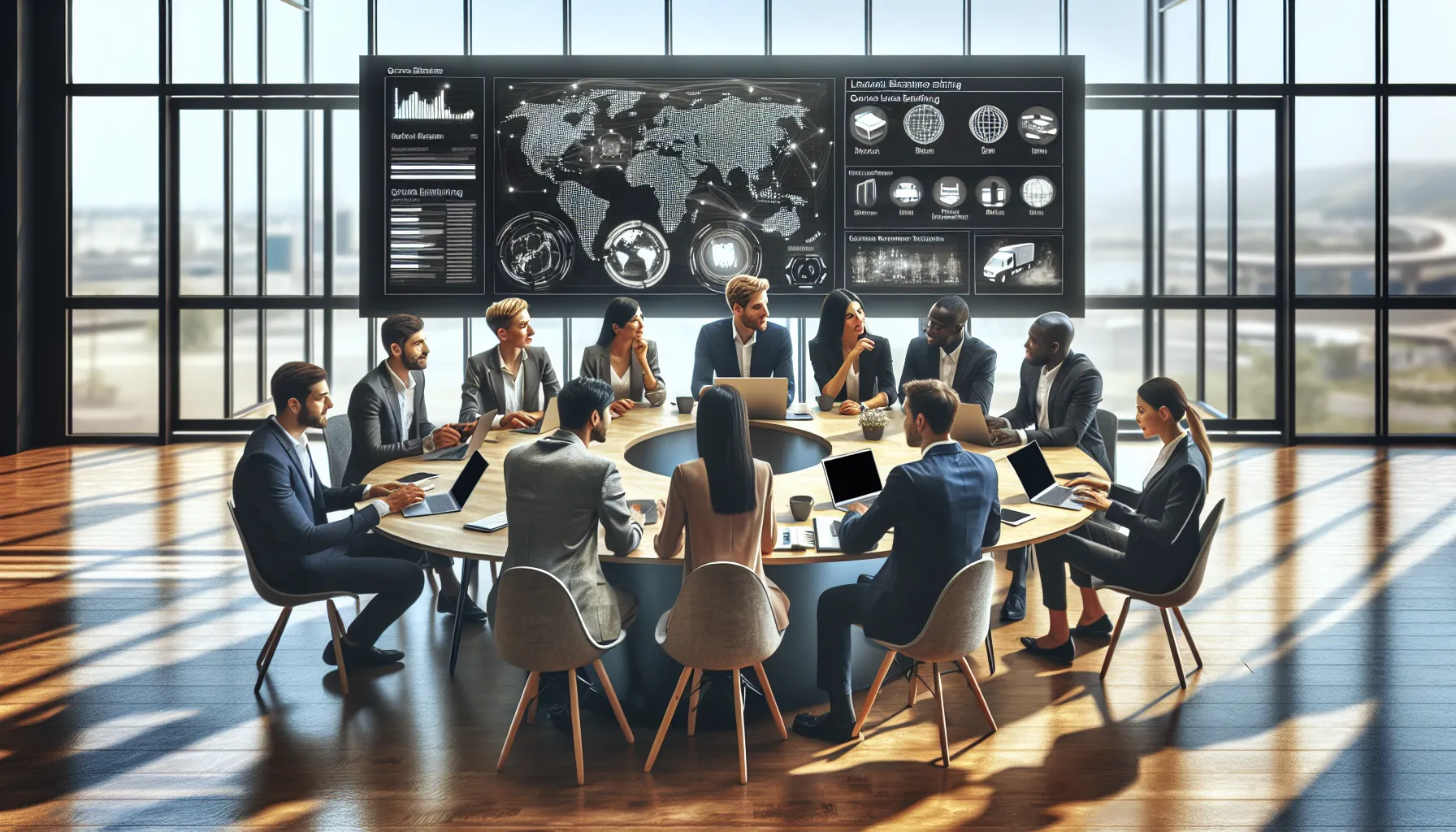 diverse team discussing small business exporting technology in a modern office.