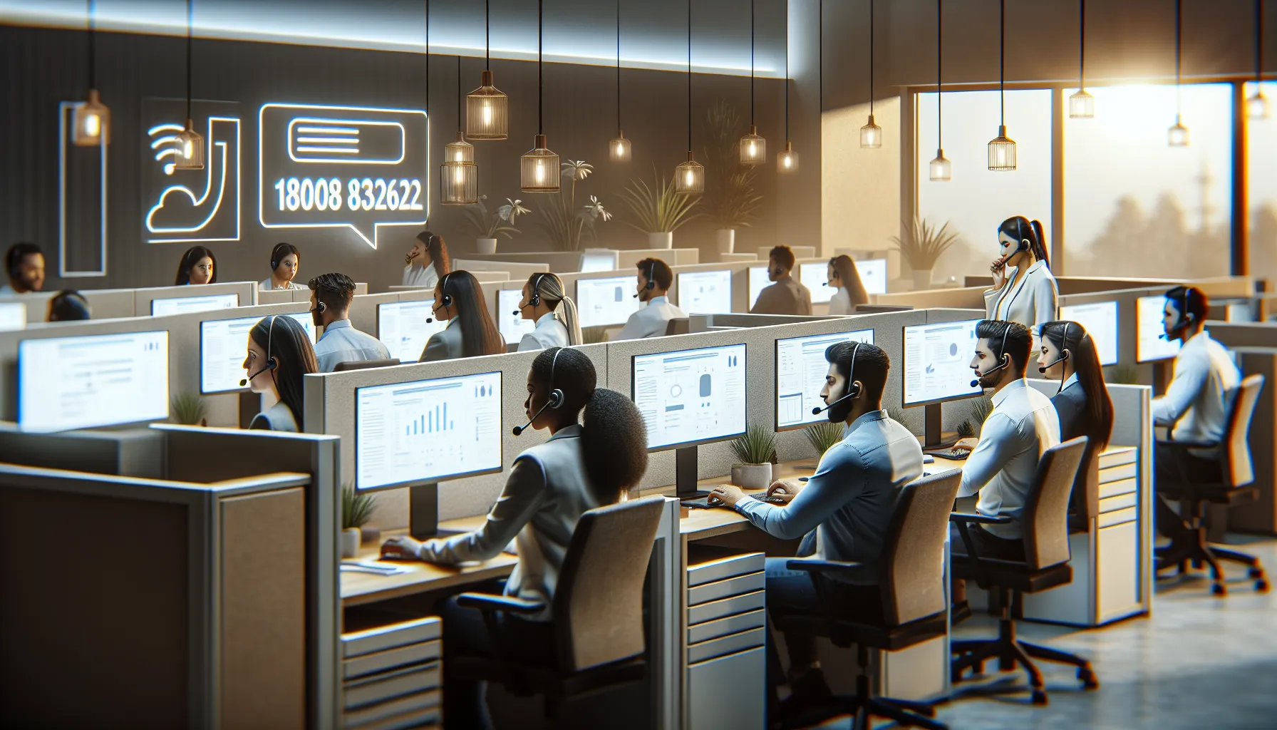 diverse call center team assisting customers in a modern office