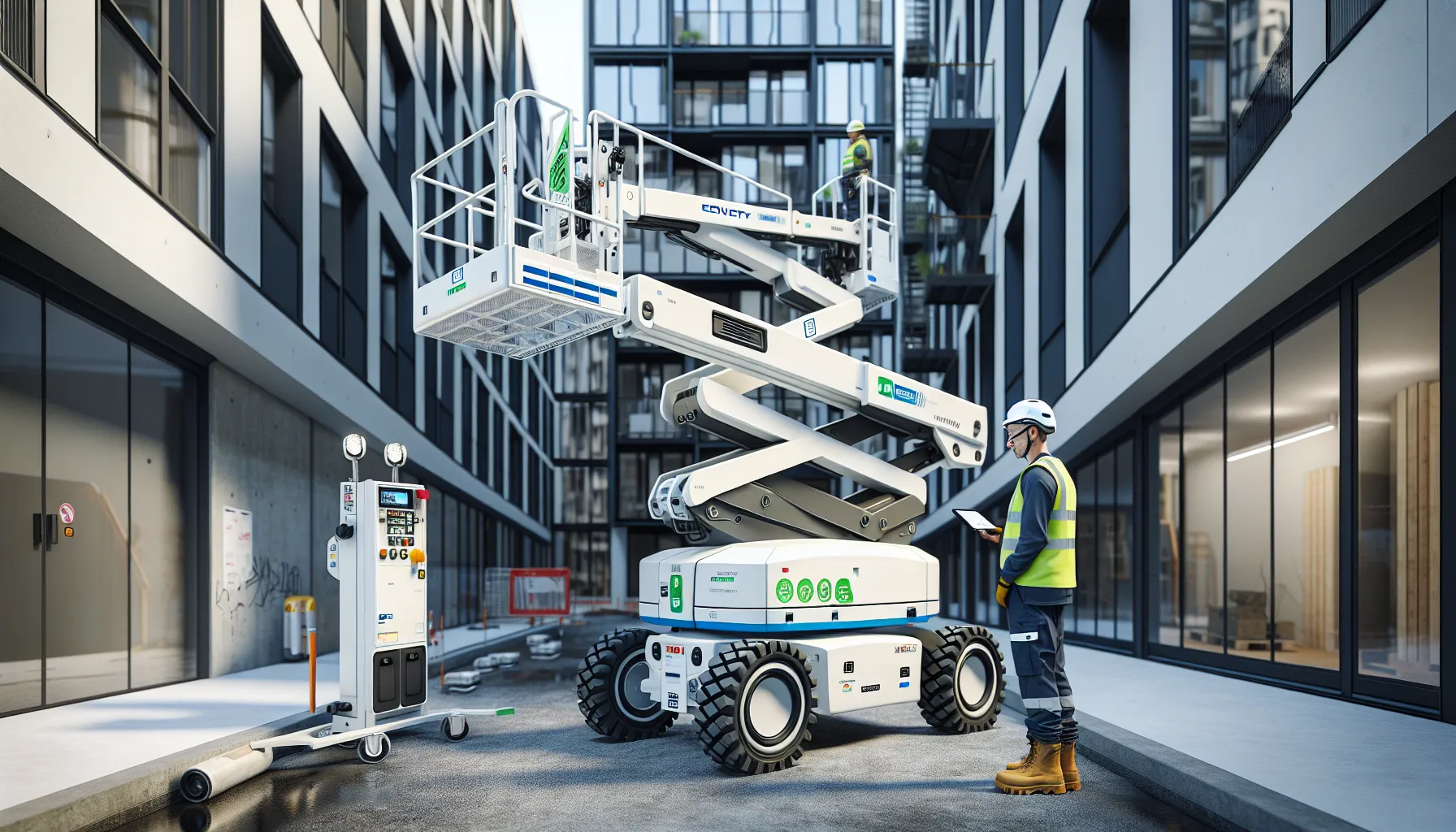 De viktigste innovasjonene innen liftutstyr de siste årene 2 Electric boom lift with telematics working on a tight urban norwegian construction site.