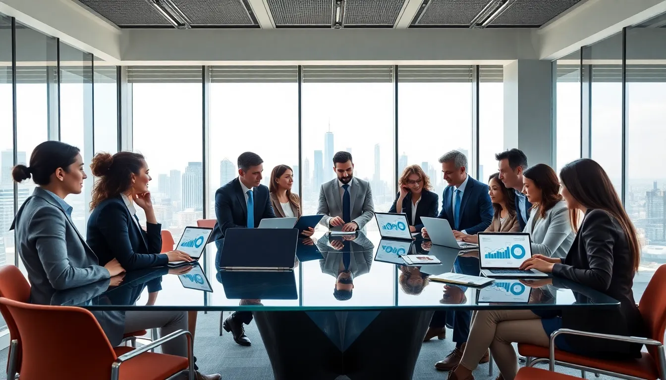 diverse team discussing technology trends in a modern office.