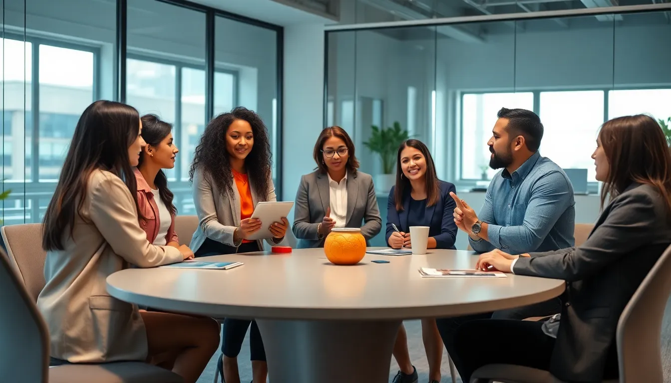 diverse team collaborating in a modern workspace.