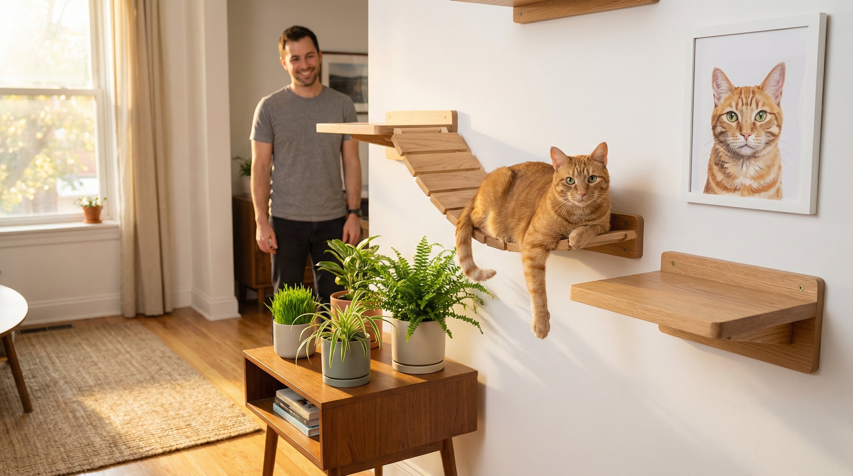 A cat lounging on wall-mounted shelves beside its framed portrait and pet-safe plants.