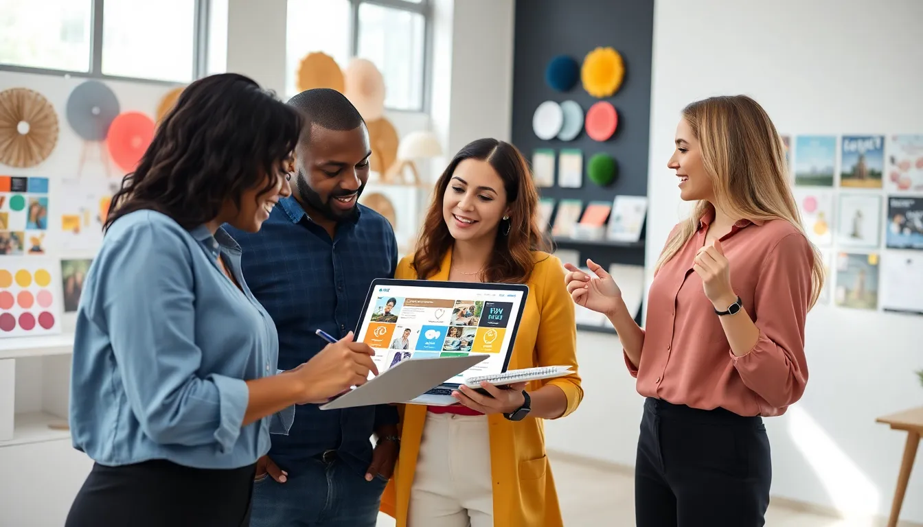 diverse team brainstorming event ideas in a modern office.