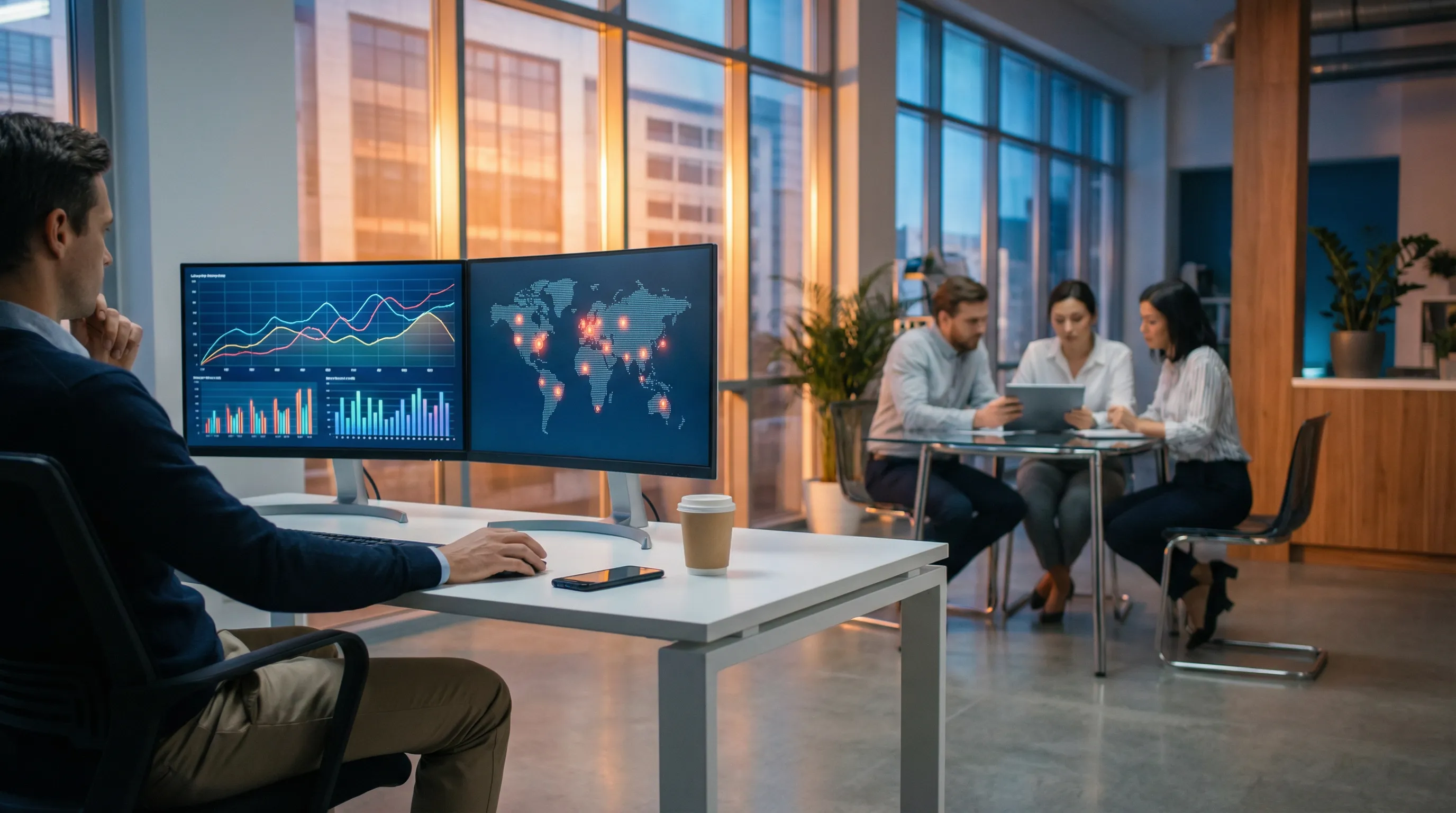 Professional marketer in a modern office reviewing PPC campaign analytics on dual monitors, with charts and graphs visible on screens and a small collaborating team in the background, in clean, natural lighting.